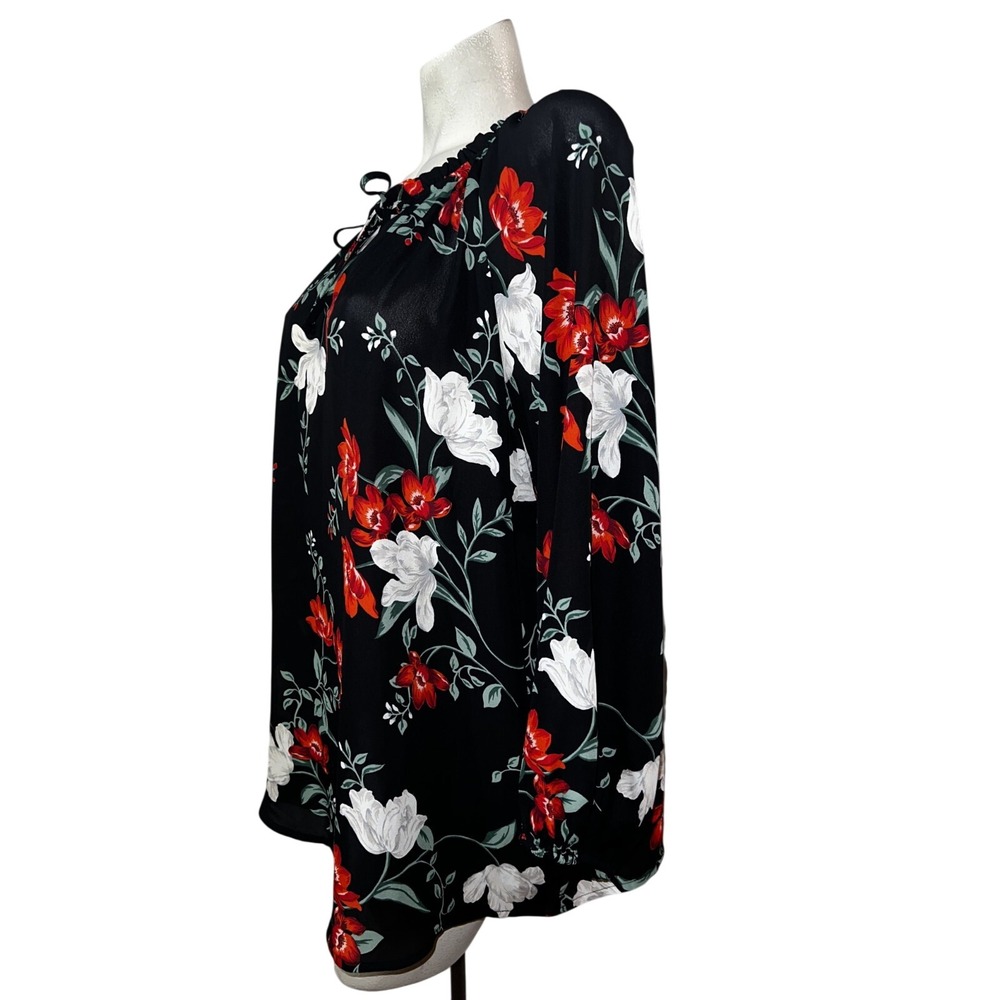Old Navy Womens 2X Plus Black Floral Tie Neck Long Sleeve Peasant Blouse Top - Picture 5 of 9